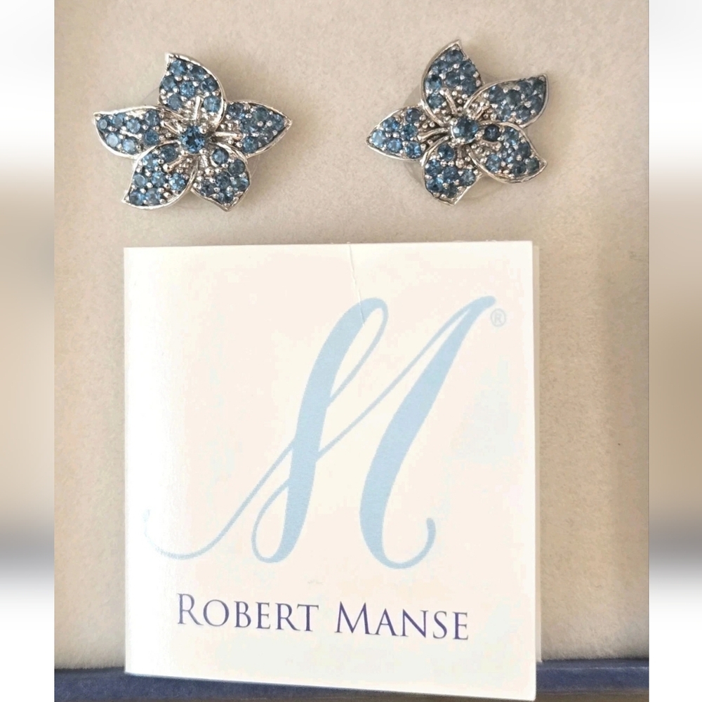 NWOT Robert Manse Blue Topaz Crystal Lily Flower Stud Earrings Sterling Silver